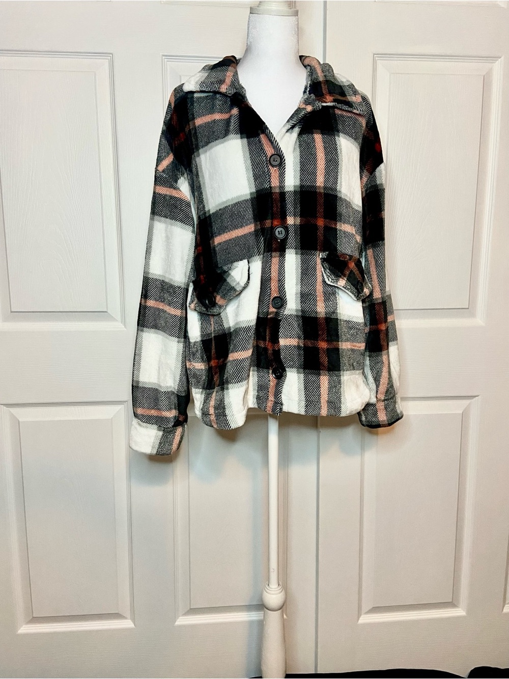 Plaid Button-Up Shacket in Black, White & Rust